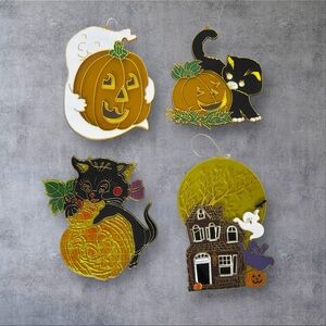 Vintage Halloween Plastic Wall Hangings Ghost Pumpkin Cat Haunted House Set of 4